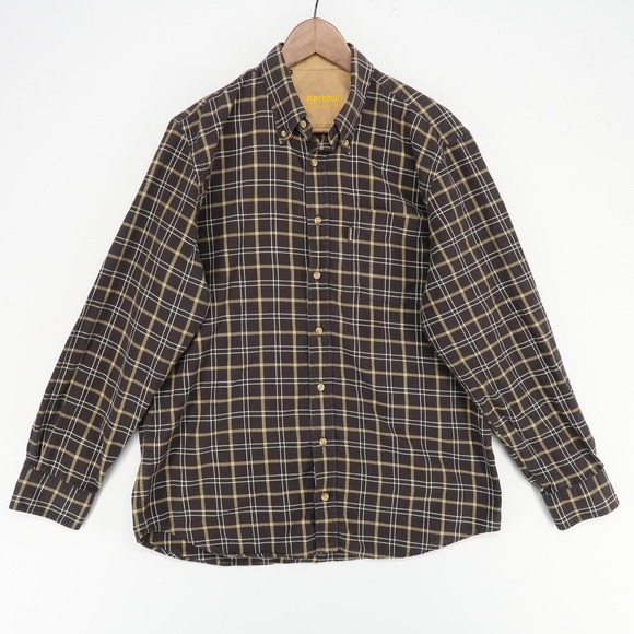 Barbour Country Shirt Mens Medium Brown Tartan Plaid Button Down Cotton Twill - Picture 1 of 10
